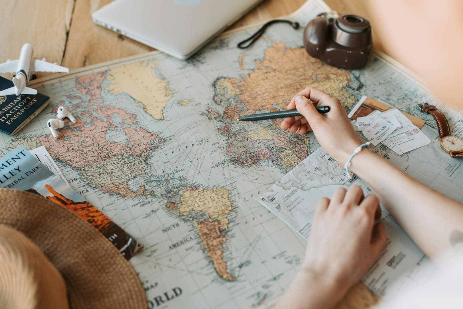 Planning a journey with a world map